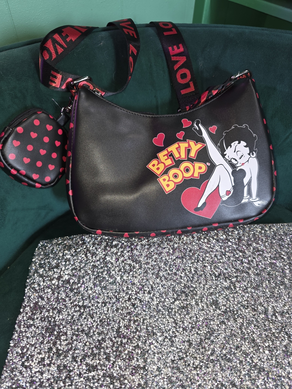 Betty Boop Black Crossbody with Pink Heart Trim and LOVE Strap